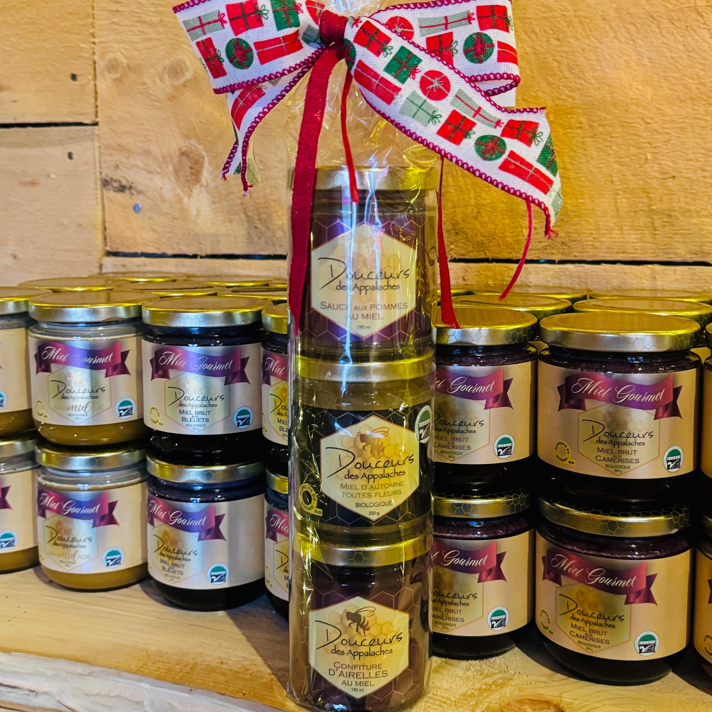 Emballage de Noël - Confiture d’airelles, sauce aux pommes et miel brut d’automne