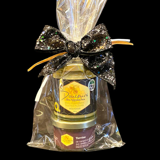 Emballage cadeau - Terrine ou rillettes et pot de miel de saison de 250 g