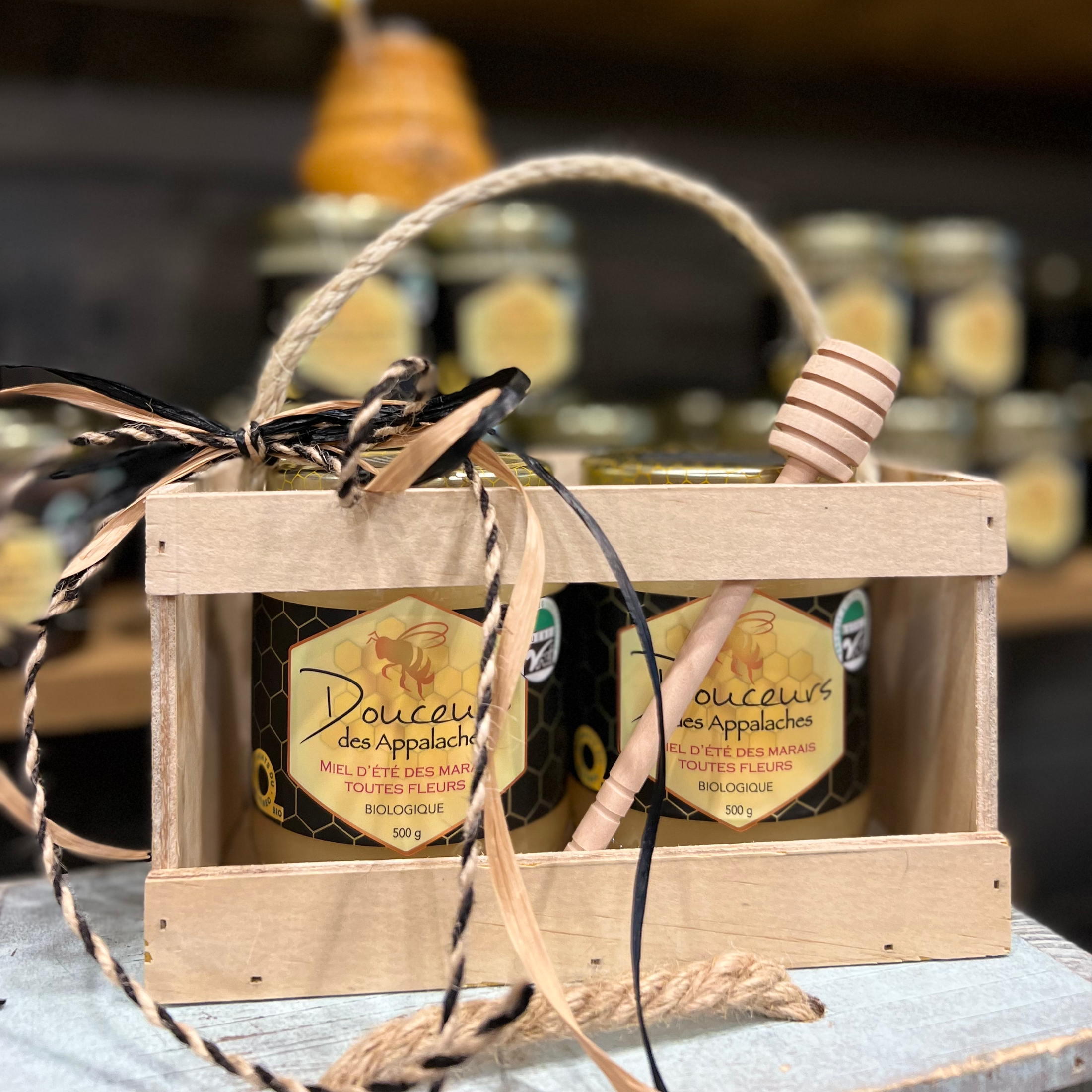 Boîte-cadeau en bois de 2 miels bruts bio