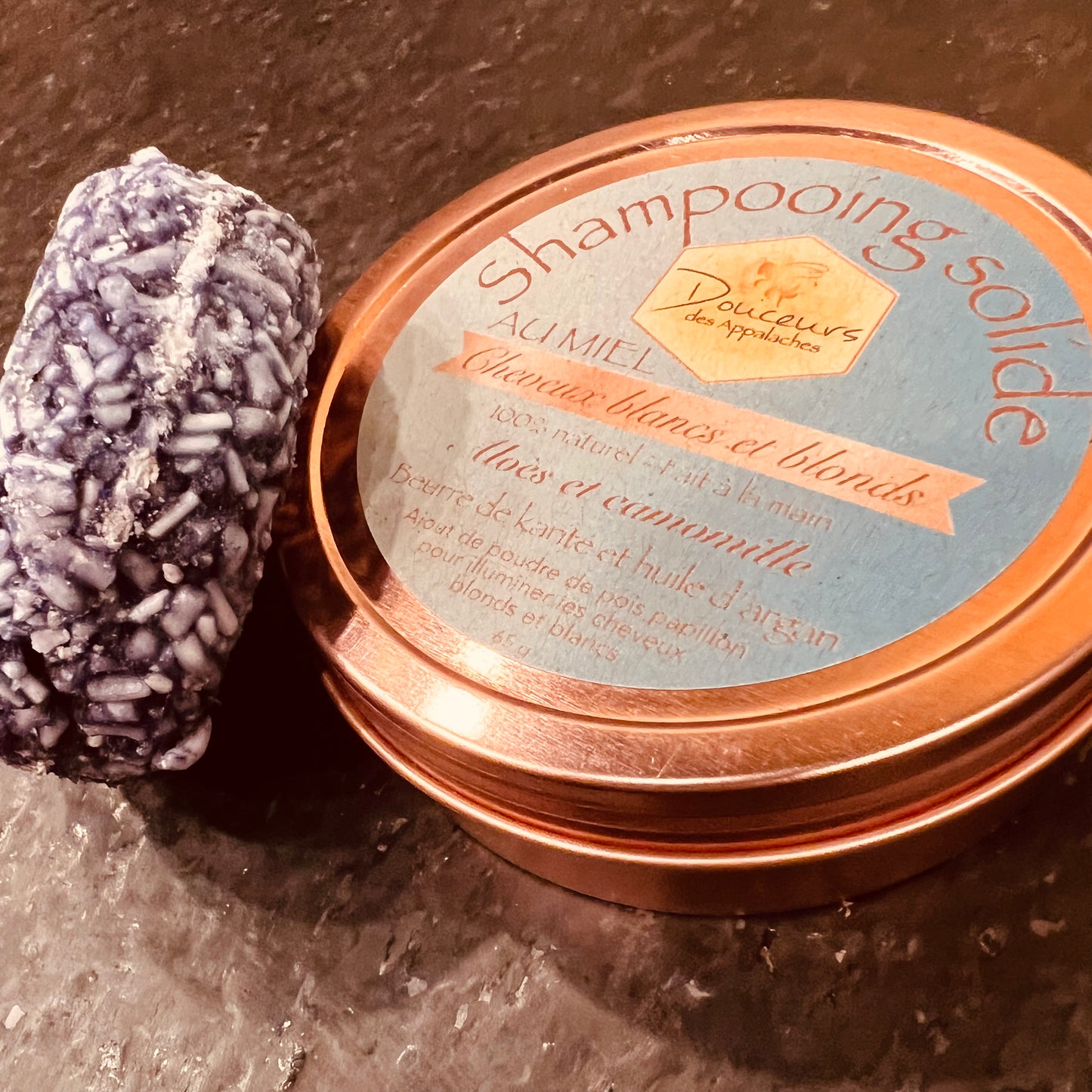 Shampooing solide au miel pour cheveux blancs et blonds